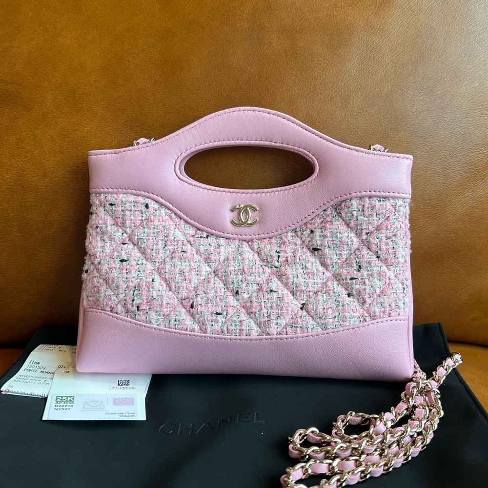 Chanel 25k pink black tweed 31 nano shopper bag clutch NWT